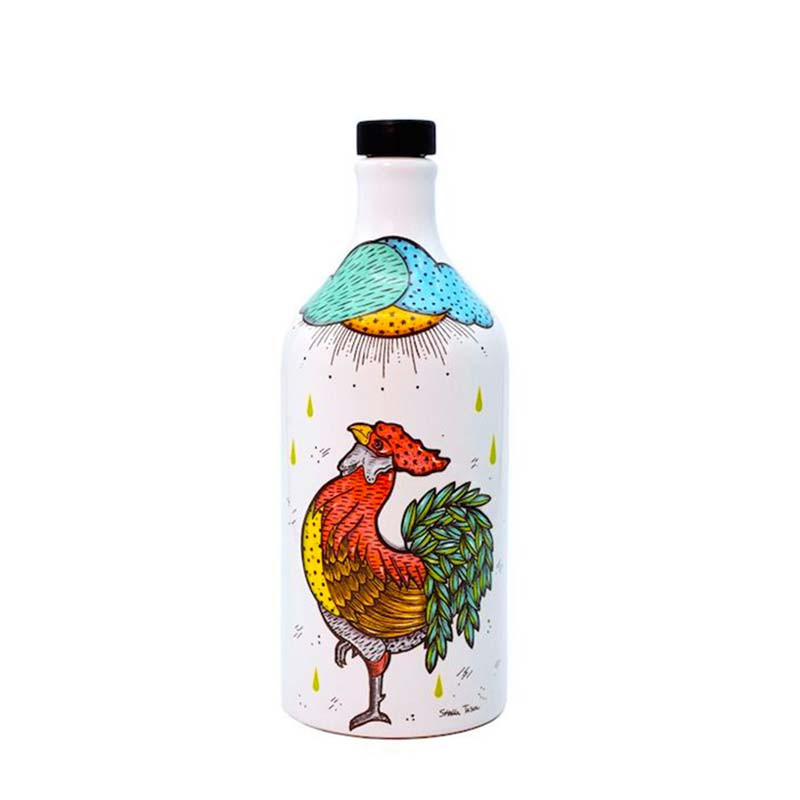 Orcio d'Olio in Ceramica "Il Gallo" - Frantoio Muraglia, immagine del prodotto con dettagli del design del gallo colorato